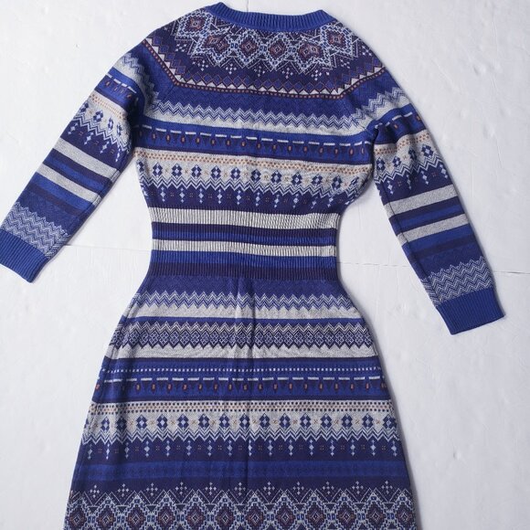 Athleta Fara Fair Isle Sweater Stretch Knit Cotton Blue Sweater Dress - Picture 3 of 10